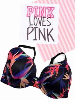 Pink Victoria's Secret Wear Everywhere Push Up Bra Sz 36DDD Tropical Print
